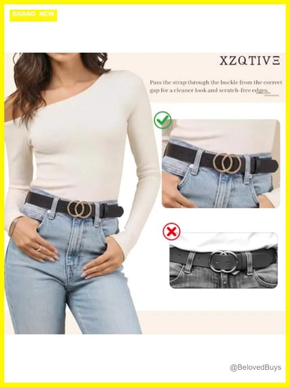 Women's Faux Leather Belt with Double O-Ring Gold Buckle, Adjustable Waist Belt